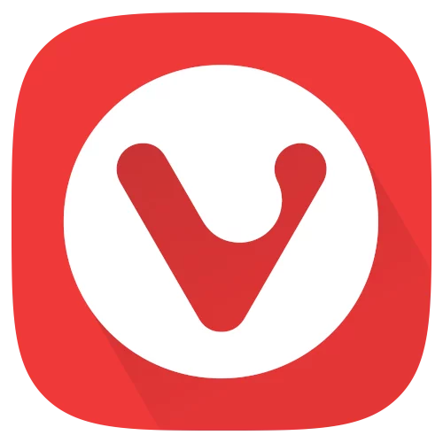 Red rounded square icon with a central white circle, displaying a bold red V for the Vivaldi web browser, ideal for retail software.