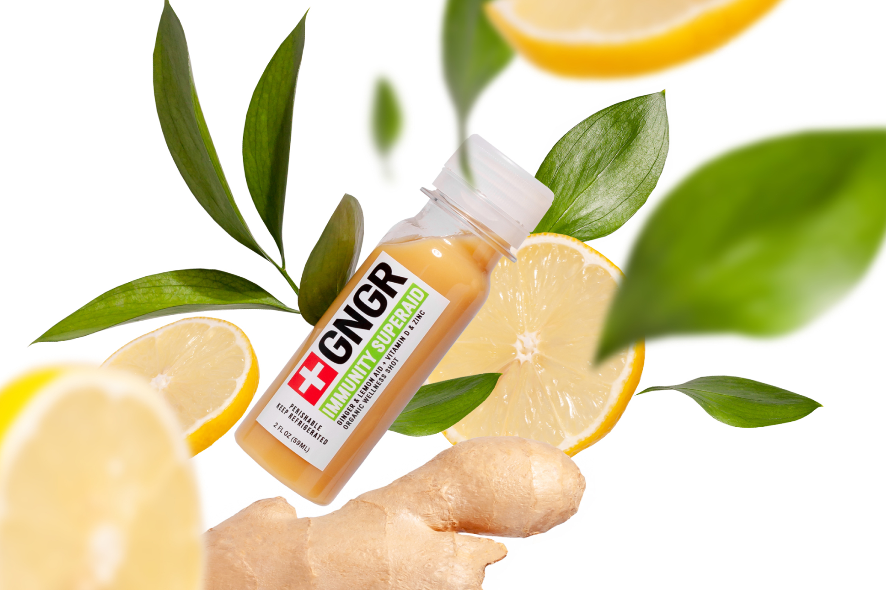 GNGR Immunity Super Shot bottle with ginger root, lemon slices, and green leaves on white, alongside SimplyDepo inventory software.