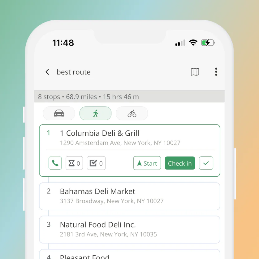 The iCalm route planner app is open on a smartphone, showing Columbia Deli & Grill in NYC as the first stop with call and directions options.