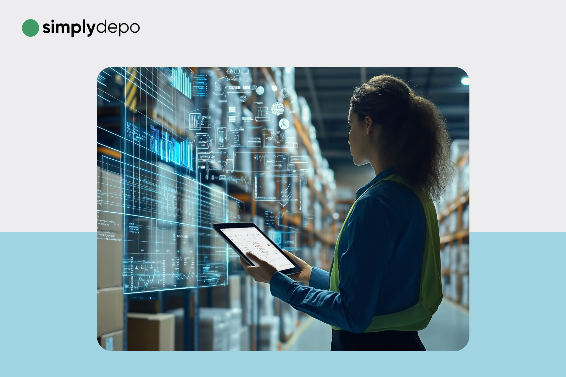 A woman in a warehouse uses a tablet with digital graphs showcasing inventory management software; simplydepo logo is visible.