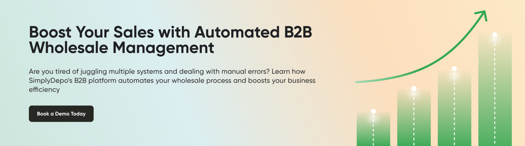 Promotional banner reading Boost Your Sales with Automated B2B Wholesale Management, featuring a growth graph and demo button.