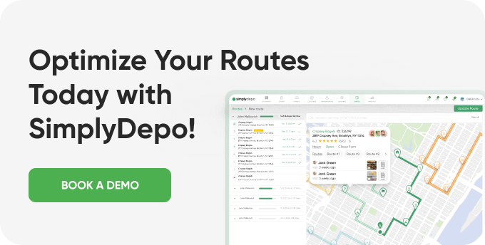 SimplyDepo promo image with Optimize Your Routes Today, a green Book a Demo button, and a tablet showing delivery route details.