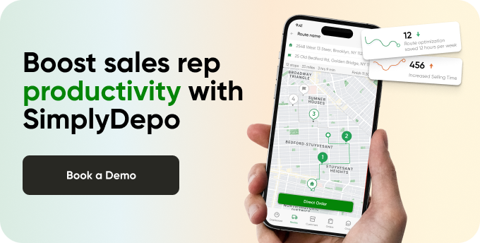 A smartphone shows a delivery route map with charts for route optimization and sales productivity. Text: Boost sales rep productivity.