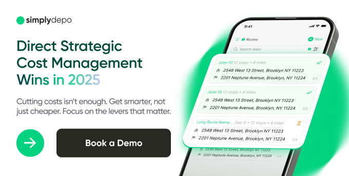 Smartphone shows a route management app themed for Direct Strategic Cost Management 2025 with Book a Demo button and simplydepo logo.