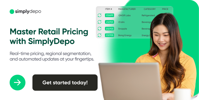 Smiling woman using laptop with overlay text: “Master Retail Pricing Strategy with SimplyDepo.” Green button: “Get started today!”.