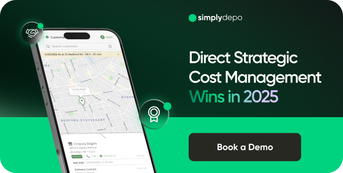 A smartphone displays a map app next to the text “Direct Strategic Cost Management Wins in 2025,” with simplydepo logo above and “Book a Demo” button below on a striking green and black background.