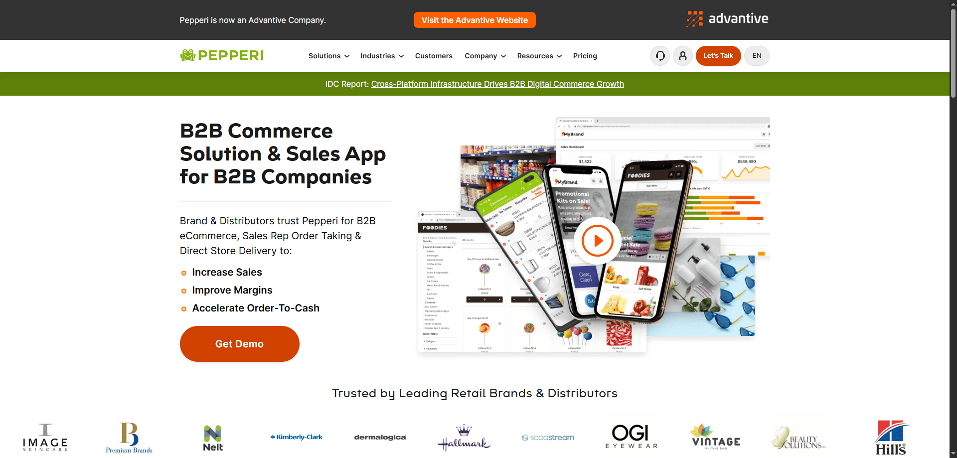 Pepperi homepage screenshot with B2B commerce tools, sales app, charts, mobile and desktop views, Get Demo button, and client logos.