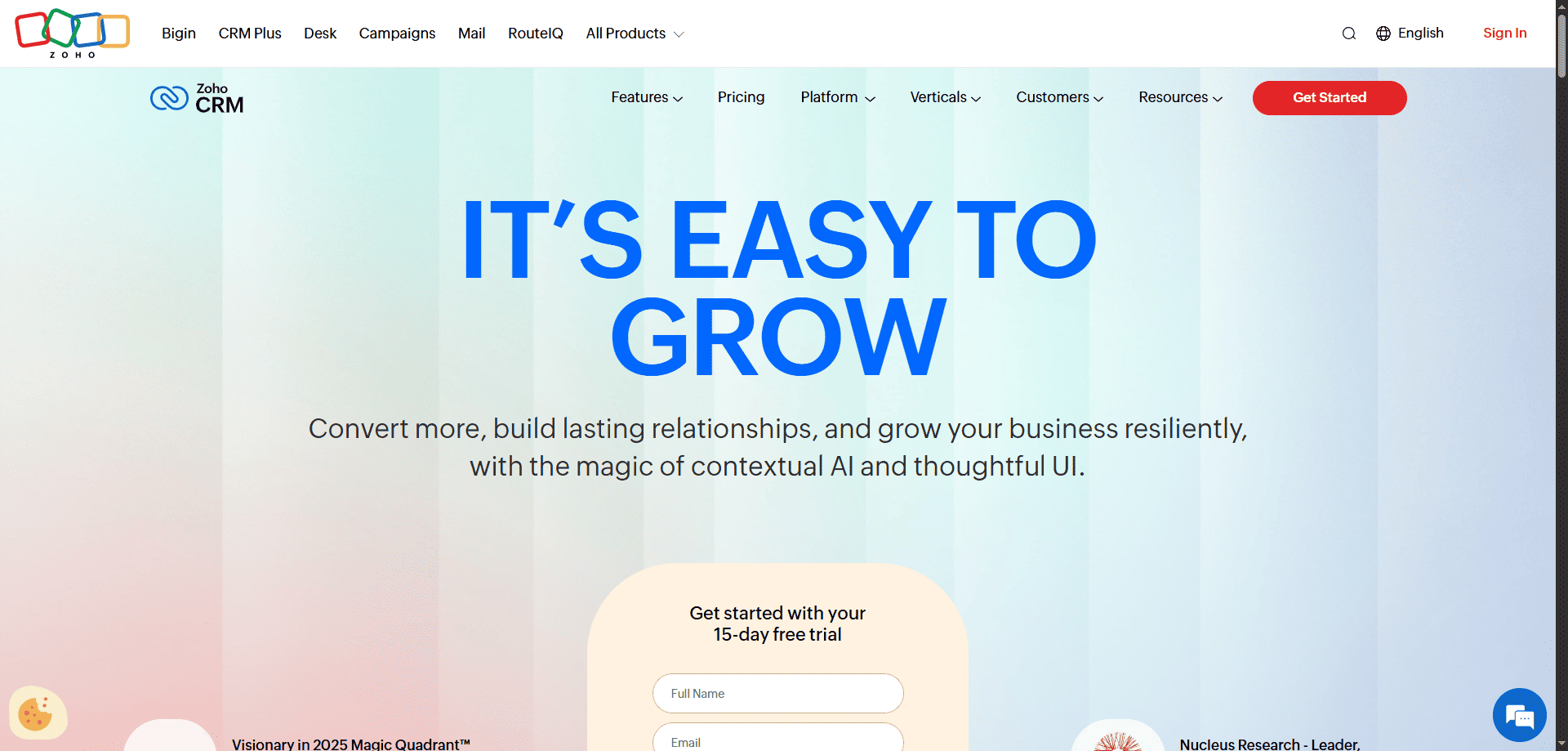 Zoho CRM homepage screenshot with "ITS EASY TO GROW" headline, AI growth subheading for retailers, and a 15-day free trial form.