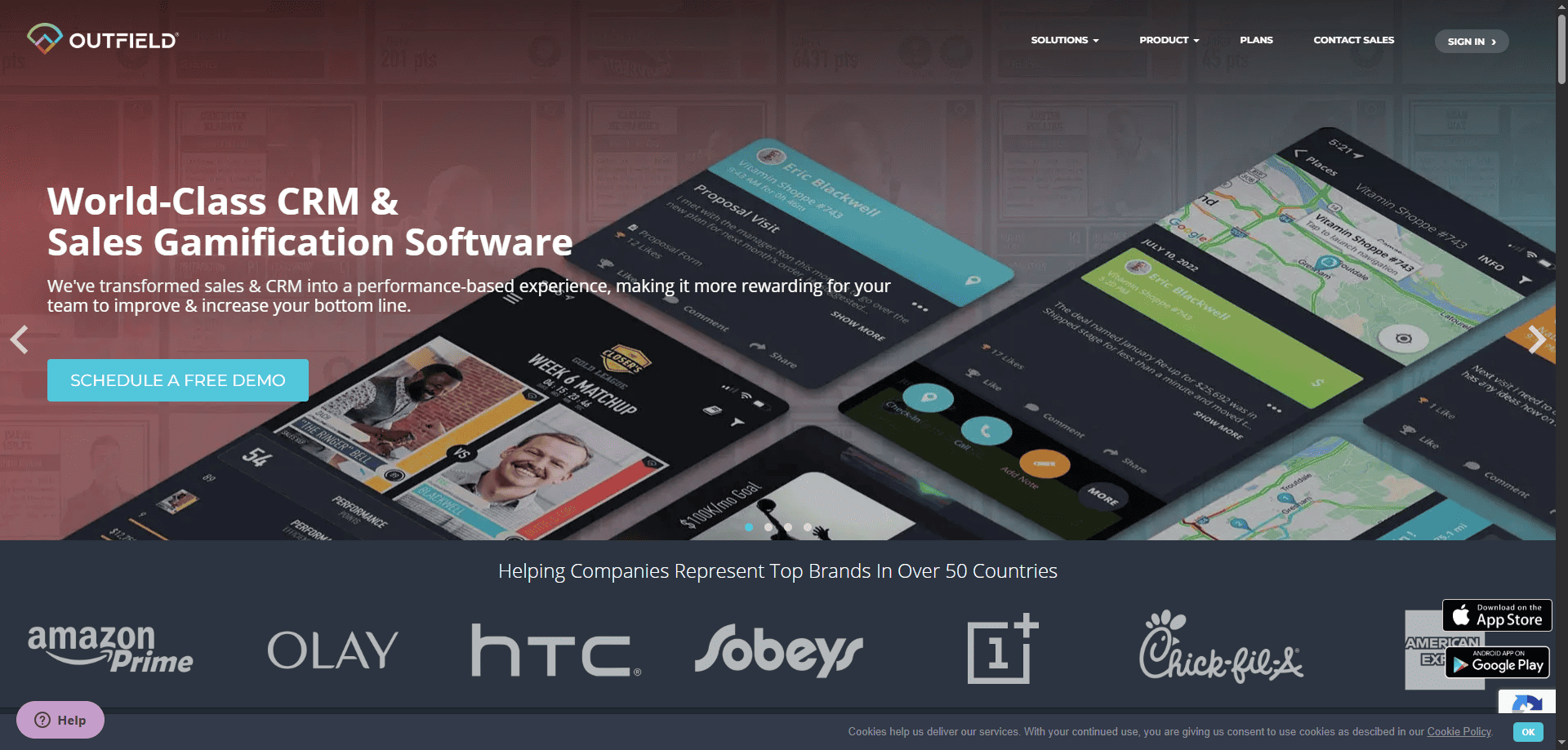 Outfield homepage screenshot with “World-Class CRM & Sales Gamification Software” banner, demo button, and top brand logos.