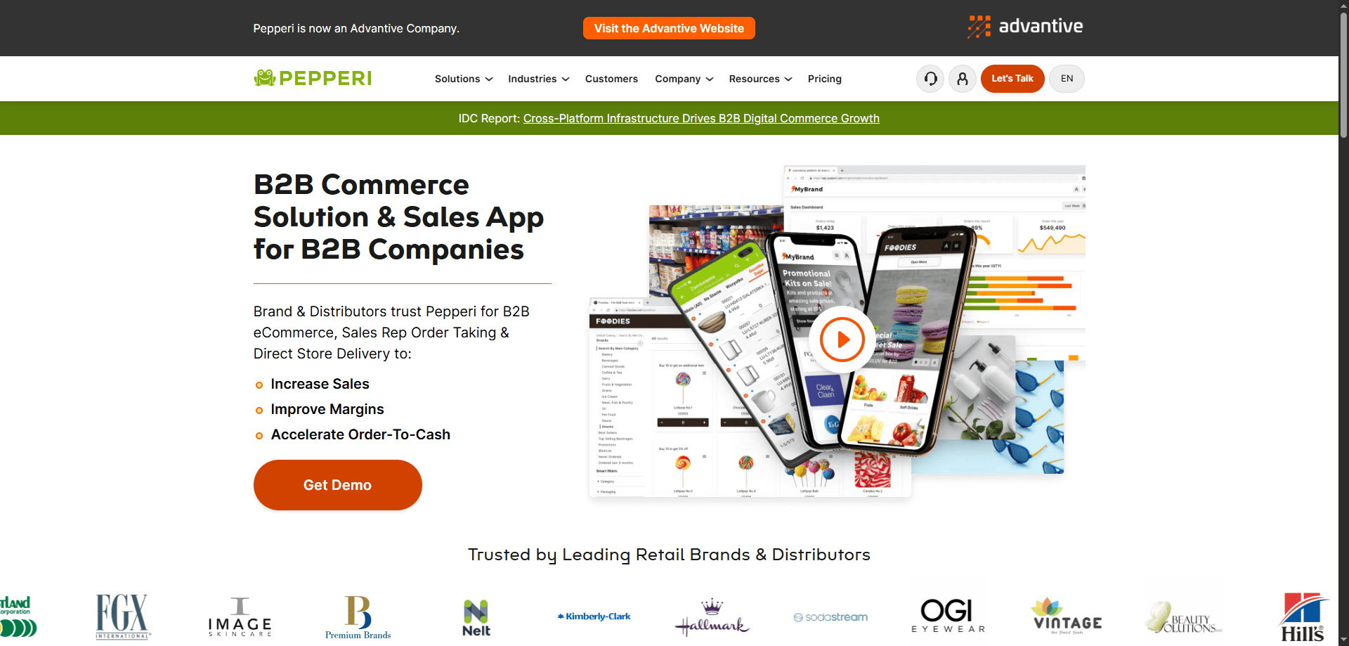 Pepperi website screenshot showing B2B commerce platform, mobile CRM for sales reps, demo button, and retail brand logos below.