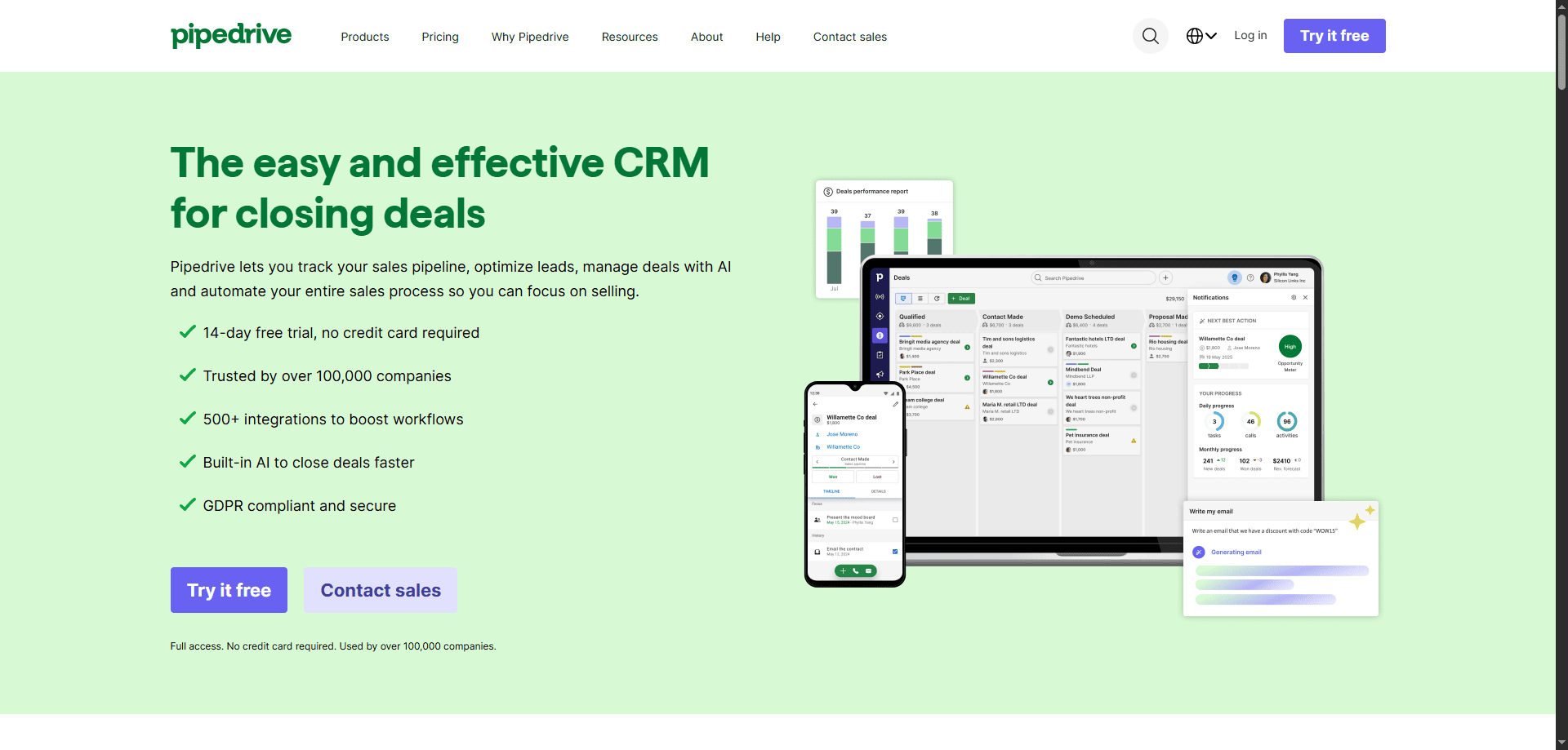 Pipedrive CRM homepage with green branding, deal-closing headline, 2026 best features, CTAs, and mobile-first CRM shown on devices.