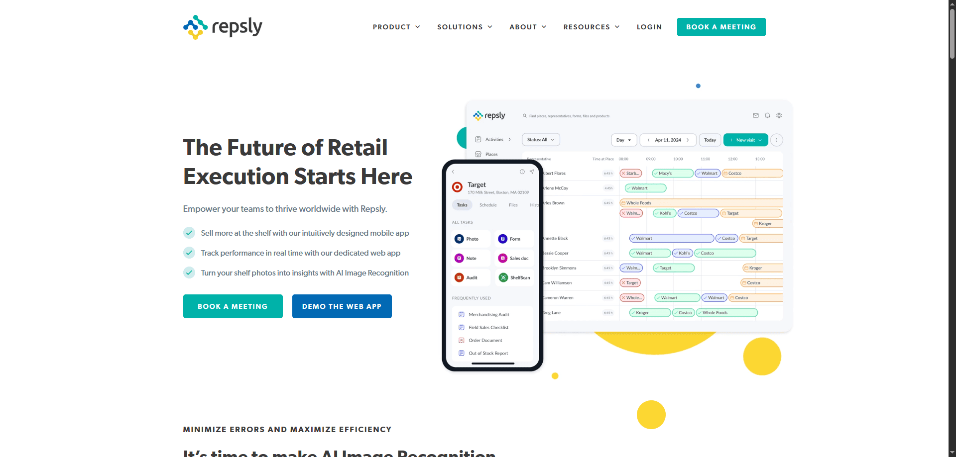 Repsly homepage with tagline "The Future of Retail Execution Starts Here," a phone showing sales software, and book or demo buttons.