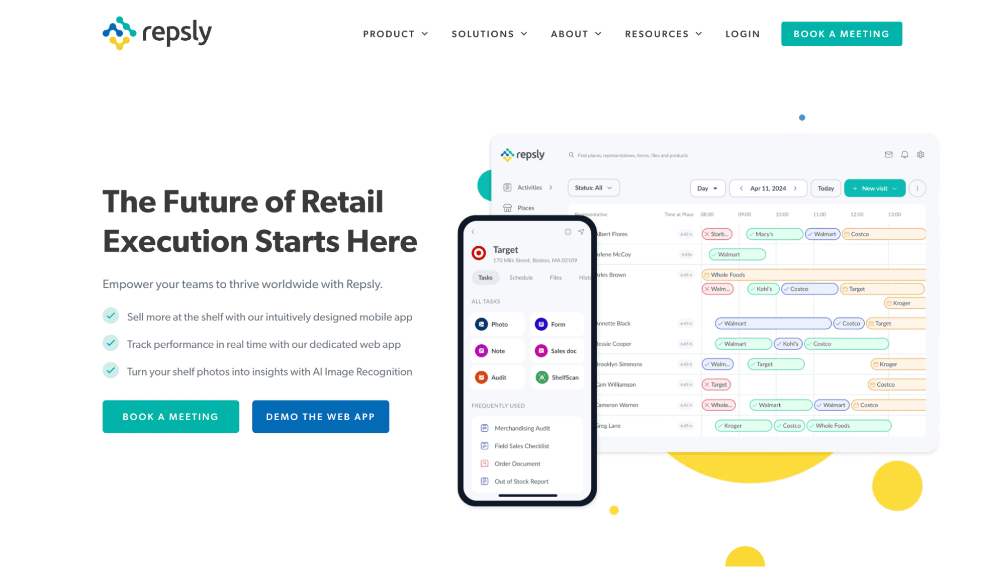 Repsly website screenshot with a retail execution dashboard, mobile store list, and “The Future of Retail Execution Starts Here.”.