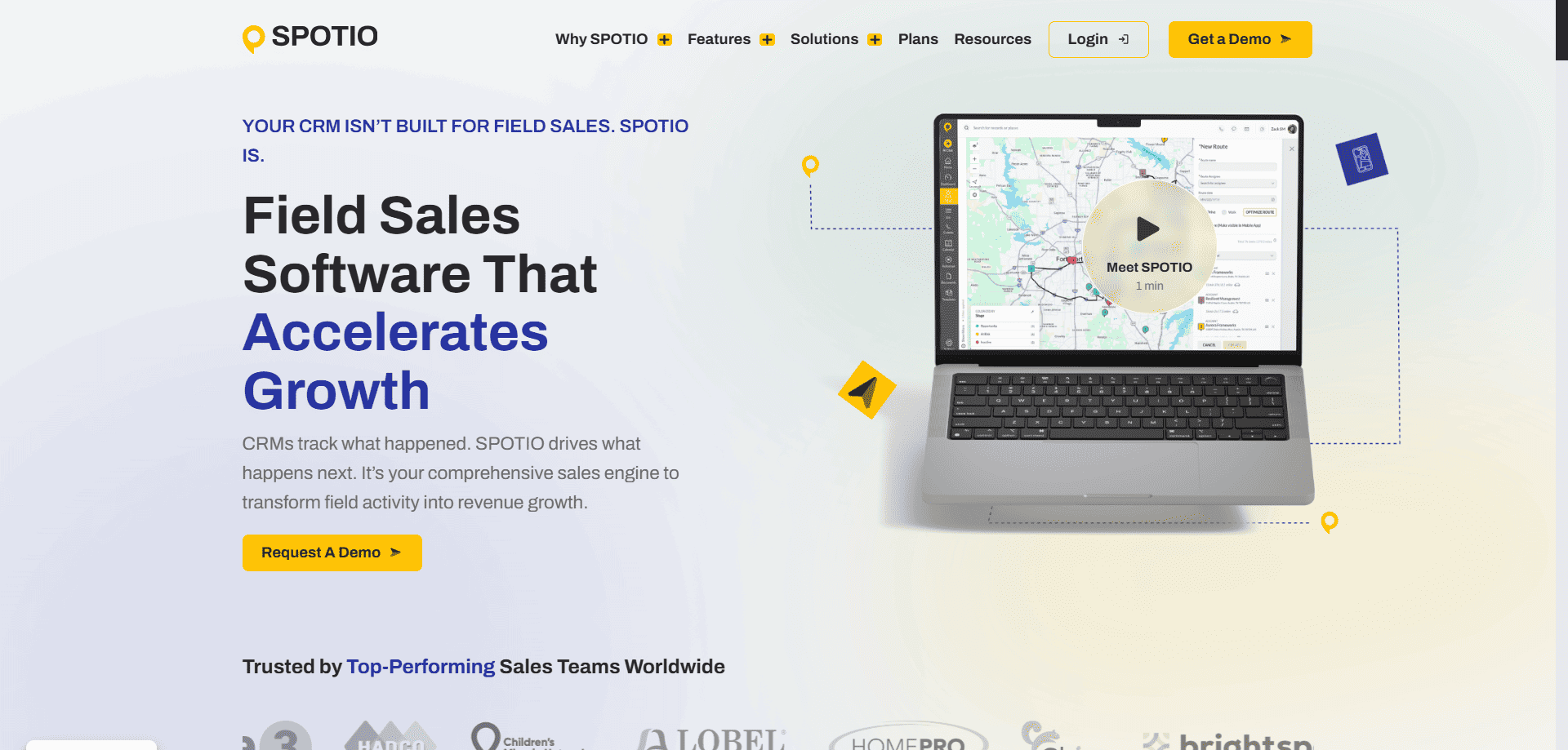 SPOTIO homepage with "Field Sales Software That Accelerates Growth" headline, yellow "Request A Demo" button, and laptop showing sales map.