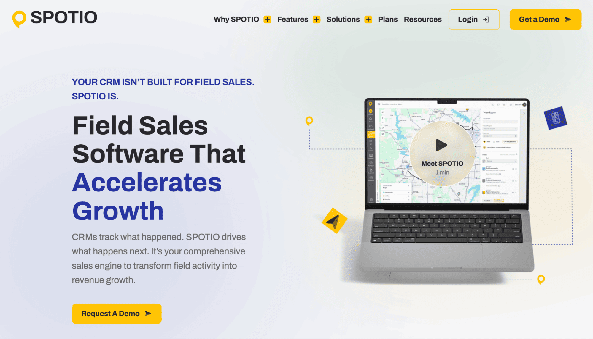 SPOTIO field sales software webpage showcasing dashboard with map on a laptop, sales tools benefits, and demo request buttons.
