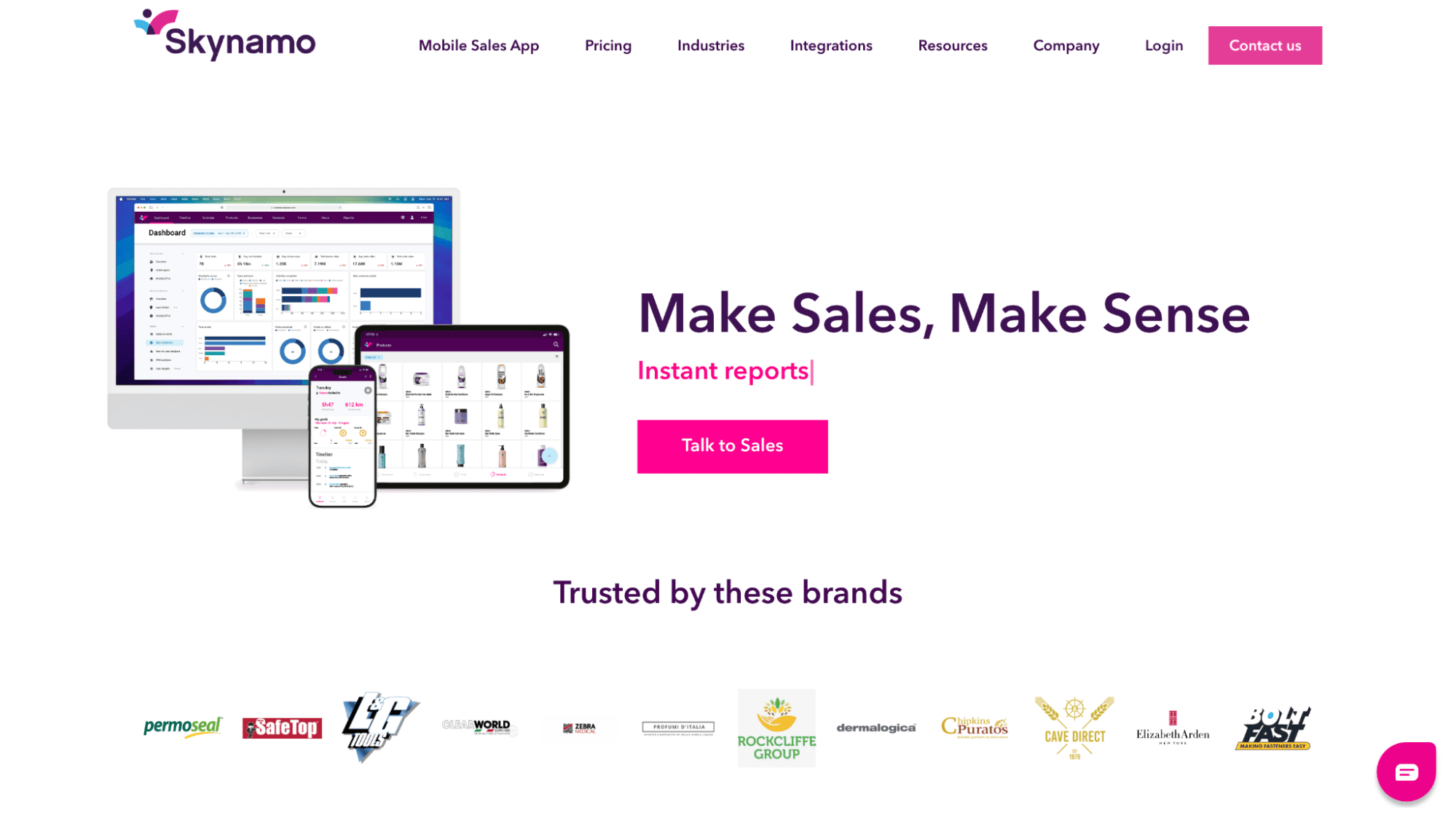 Skynamo homepage screenshot with field sales app on multiple devices, "Make Sales, Make Sense" slogan, pink Talk to Sales button, and client logos.