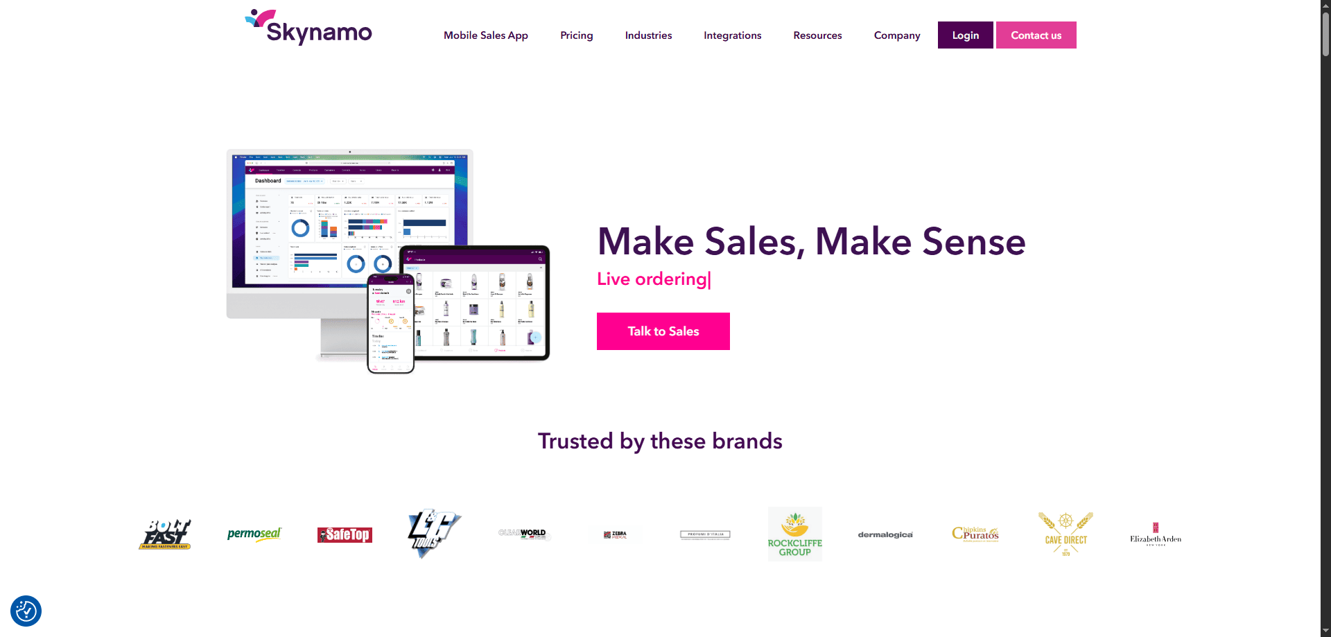 Skynamo homepage with computer, tablet, and phone dashboards, “Make Sales, Make Sense” headline, sales tools, AI routing, brand logos.