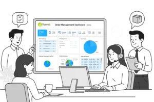 In a modern office, four coworkers review a large order management dashboard - Multi-Channel Order Management 