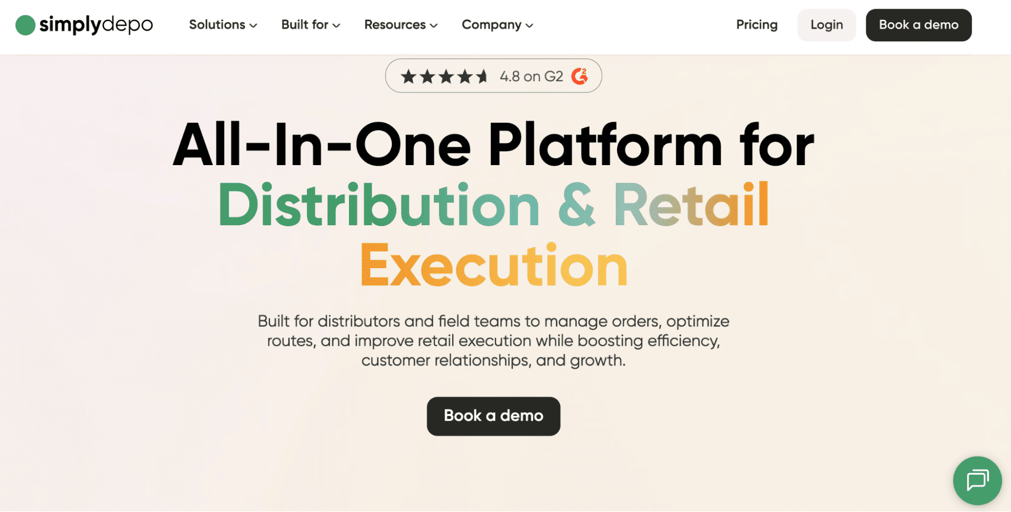 Simplydepo homepage with “All-In-One Platform for Distribution & Retail Execution” banner, inventory solutions, and a “Book a demo” button.