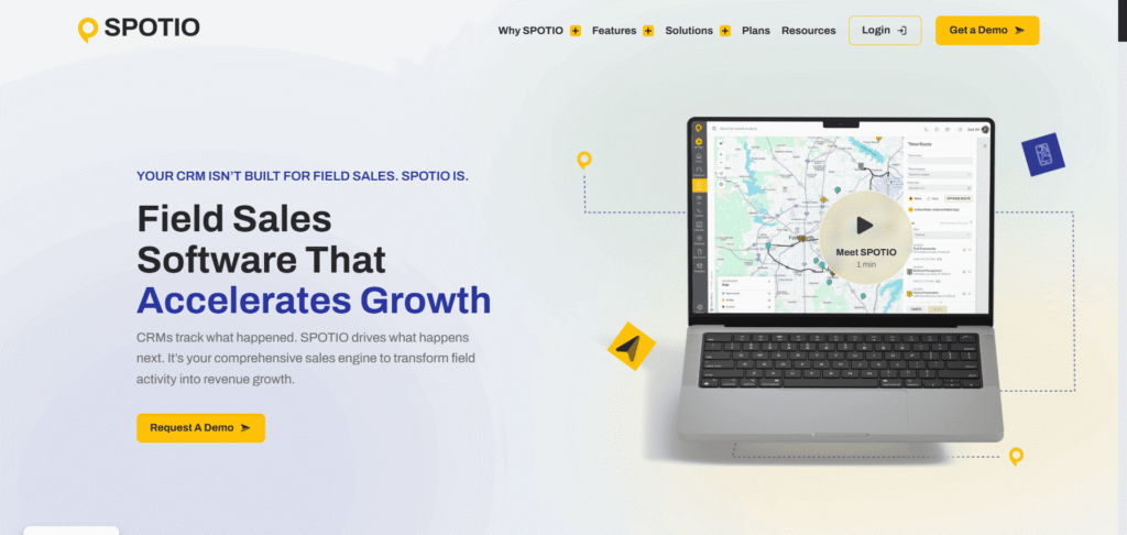 SPOTIO homepage with a growth-focused sales software headline, map dashboard on a laptop, and demo request buttons for team comparison alt=