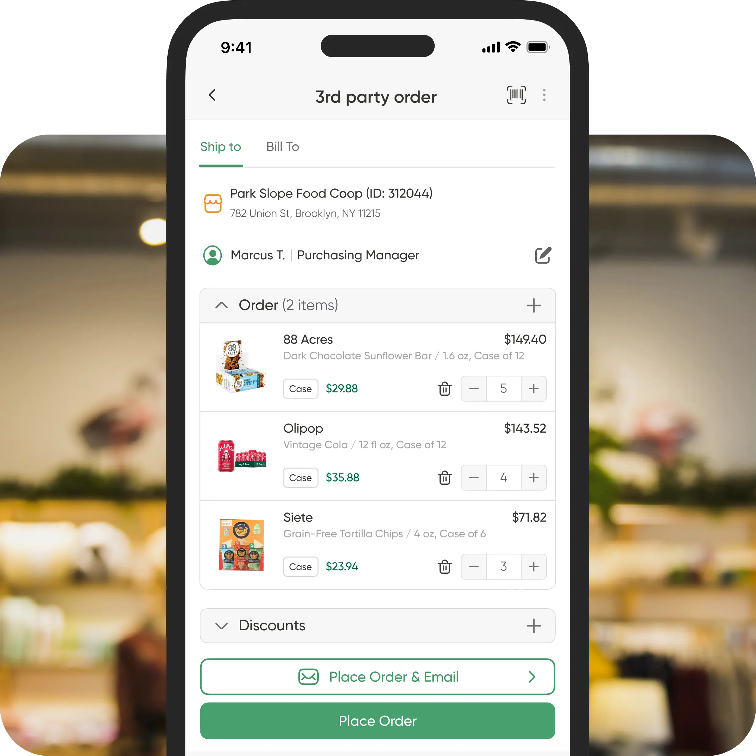 A smartphone shows a Park Slope Food Coop wholesale order form with Olipop, 88 Acres bars, and Siete chips, plus Place Order buttons.